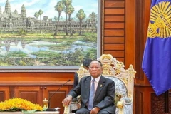 Chủ tịch Quốc hội, Chủ tịch Hội đồng Quốc gia Mặt trận Đoàn kết Phát triển Tổ quốc Campuchia Heng Samrin. (Ảnh: Vũ Hùng/TTXVN)