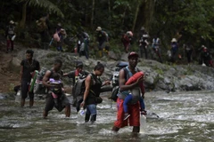 Người di cư Haiti băng qua rừng rậm Darien gần Acandi thuộc tỉnh Choco (Colombia) để sang Panama và tới Mỹ. (Ảnh: AFP/TTXVN)