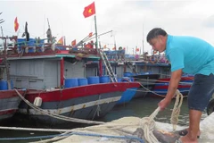 Ngư dân dùng dây neo cột tàu vào các trụ sắt ở trên bờ. (Ảnh: Tường Vi/TTXVN)