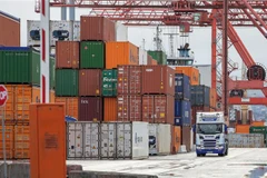 Hoạt động bốc dỡ container hàng hóa tại cảng ở Dublin, Ireland. (Ảnh: AFP/TTXVN)