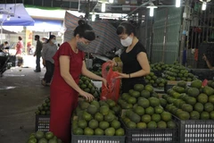 Người tiêu dùng mua hàng tại chợ đầu mối Long Biên. (Ảnh: Mạnh Khánh/TTXVN)