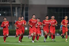 Đội tuyển Việt Nam có buổi tập đầu tiên tại sân Dubai Police Club ở Dubai (UAE). (Ảnh: Hoàng Linh/TTXVN)