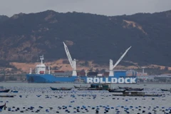 Tàu vận tải hạng nặng Rolldock Storm (Hà Lan) chở tàu ngầm neo đậu tại vịnh Cam Ranh. (Ảnh: Tiên Minh/TTXVN)