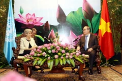 Bí thư Thành ủy Thành phố Hồ Chí Minh Nguyễn Thiện Nhân tiếp bà Irana Bokova, Tổng Giám đốc Tổ chức Giáo dục, Khoa học và Văn hóa của Liên hợp quốc (UNESCO) đang thăm chính thức Việt Nam. (Ảnh: Thanh Vũ/TTXVN)