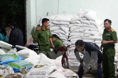 Thu giữ tang vật tại một cơ sở sản xuất phân bón giả. (Ảnh: Phạm Kha/TTXVN)
