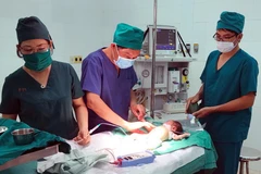 Bé N.B.P.T được điều trị tại Bệnh viện Nhi đồng Đồng Nai. (Ảnh: Lê Xuân/TTXVN)