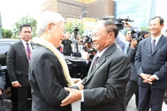 Tổng Bí thư Nguyễn Phú Trọng hội kiến với Chủ tịch Quốc hội Campuchia Samdech Heng Samrin. (Ảnh: Trí Dũng/TTXVN)