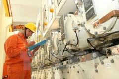 Công nhân Tổng công ty Điện lực thành phố Hà Nội kiểm tra kỹ thuật thiết bị trạm biến áp 220 Nhật Tân. (Ảnh: Ngọc Hà/TTXVN)