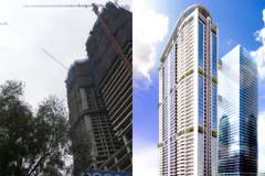 Cục sắt được cho là rơi từ tòa nhà Discovery Complex 302 Cầu Giấy (Ảnh: Cộng tác viên, Phối cảnh công trình: Internet)