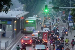 Rất nhiều phương tiện tham gia giao thông lấn sang làn đường dành riêng cho xe buýt nhanh BRT 01 đoạn Giảng Võ. (Ảnh: Quang Quyết/TTXVN)