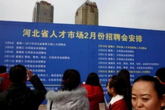 Người lao động nhìn vào lịch trình của một hội chợ việc làm cho sinh viên tốt nghiệp đại học và công chúng nói chung trong trung tâm của thành phố Thạch Gia Trang, Hà Bắc, Trung Quốc ngày 6/2. (Nguồn: Reuters)