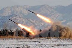 Quân đội Triều Tiên diễn tập bắn tên lửa tại một địa điểm bí mật ở Triều Tiên. (Nguồn: AFP/TTXVN)