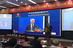 Thứ trưởng Bộ Công Thương Trần Quốc Khánh tại Diễn đàn Xúc tiến xuất khẩu Việt Nam 2021. (Ảnh: Đức Duy/Vietnam+)