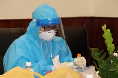 Cơ quan chức năng lấy mẫu xét nghiệm sàng lọc COVID-19. (Ảnh: PV/Vietnam+)