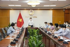 Bộ trưởng Bộ Công Thương Nguyễn Hồng Diên làm việc trực tuyến với Bắc Giang về sản xuất và tiêu thụ nông sản. (Ảnh: PV/Vietnam+)