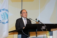 Chủ tịch Quốc hội Nguyễn Sinh Hùng phát biểu tại Phiên họp Toàn thể của Đại hội đồng IPU 130. (Ảnh: Nhan Sáng/TTXVN)