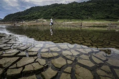 Hình ảnh khô hạn và nứt nẻ của lòng sông Đà khi thiếu nước trên nhánh sông chảy về xã Hiền Lương, huyện Đà Bắc. (Ảnh: Trọng Đạt/TTXVN)