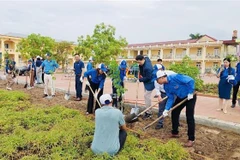 Các đoàn viên thanh niên tham gia trồng cây tại Trường Mầm non Tân Hương, huyện Ninh Giang, tỉnh Hải Dương. (Ảnh: TTXVn phát)