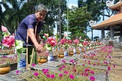 Cựu chiến binh Nguyễn Văn Bền thắp hương cho đồng đội liệt sỹ. (Ảnh: K GỬIH/TTXVN)