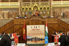 Bà Phan Bích Thiện, Chủ tịch Hội phụ nữ Việt Nam tại Hungary, Trưởng ban tổ chức phát biểu khai mạc diễn đàn. (Ảnh: Nguyễn Thu Hà/TTXVN)