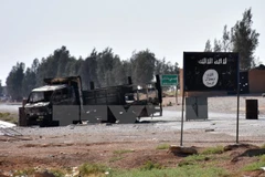 Cờ IS tại khu vực làng Dibsiafnan, ngoại ô Raqa, Syria ngày 11/6. (Nguồn: AFP/TTXVN)