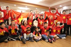 Niềm vui của người hâm mộ đội tuyển Việt Nam tại Hàn Quốc. (Ảnh: Mạnh Hùng/Vietnam+)
