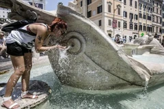 Một du khách đang hứng nước từ đài phun nước Barcaccia ở quảng trường Tây Ban Nha, trung tâm thủ đô Rome. (Nguồn: ANSA)
