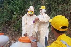 Các cán bộ của Trung tâm Ứng phó sự cố môi trường Việt Nam tiến hành xử lý tại điểm đổ dầu thải. (Ảnh: PV/Vietnam+) 