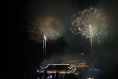 Chương trình bắn pháo hoa nghệ thuật chào mừng Đại lễ Vesak 2019. (Ảnh: Thành Đạt/TTXVN)