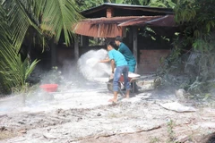 Rãi vôi tiêu độc, khử trùng nơi chuồng trại có lợn bị nhiễm bệnh tả lợn châu Phi. (Ảnh: TTXVN)