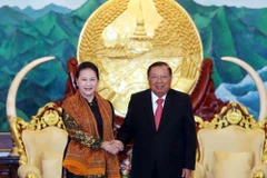 Chủ tịch Quốc hội Nguyễn Thị Kim Ngân hội kiến Tổng Bí thư, Chủ tịch nước Lào Bounnhang Vorachith. (Ảnh: Trọng Đức/TTXVN)