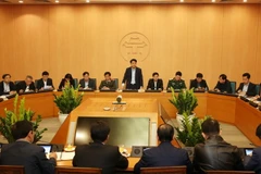 Chủ tịch UBND thành phố Hà Nội Nguyễn Đức Chung chủ trì họp rà soát công tác chuẩn bị tổ chức Hội nghị thượng đỉnh Mỹ-Triều Tiên lần thứ hai. (Ảnh: Lâm Khánh/TTXVN)