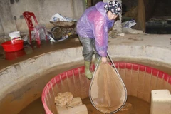 Bể lắng dẫn nước vào ao hồ tụ đầy bùn đỏ. (Ảnh: Quân Trang/TTXVN)