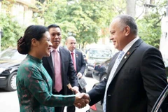 Chủ tịch Liên hiệp các tổ chức hữu nghị Việt Nam Nguyễn Phương Nga đón Chủ tịch Quốc hội Lập hiến Venezuela Diosdado Cabello. (Ảnh: TTXVN)