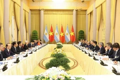 Tổng Bí thư, Chủ tịch nước Nguyễn Phú Trọng và Tổng thống Argentina Mauricio Macri tiến hành hội đàm. (Ảnh: Trí Dũng/TTXVN)