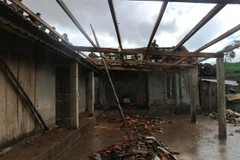 Hơn 250 cán bộ chiến sỹ công an, quân đội có mặt hỗ trợ nhân dân thôn Hoa Tiến (xã Kỳ Hoa, thị xã Kỳ Anh, Hà Tĩnh) lợp lại mái nhà. (Ảnh: Hoàng Ngà/TTXVN)