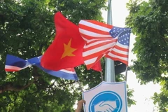 Quốc kỳ Việt Nam, Mỹ và Triều Tiên trên khắp các tuyến phố Hà Nội. (Ảnh: Trọng Đạt/TTXVN)