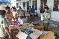 Số hàng hóa có dấu hiệu vi phạm bị quản lý thịt trường Vĩnh Long tạm giữ, chờ xử lý. (Ảnh: Lê Thúy Hằng/TTXVN)
