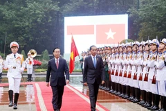 Chủ tịch nước Võ Văn Thưởng và Tổng thống Cộng hòa Indonesia Joko Widodo duyệt Đội danh dự Quân đội Nhân dân Việt Nam. (Ảnh: Thống Nhất/TTXVN)