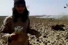 Một người đàn ông đứng gần nơi được cho là mảnh vỡ của chiếc Mig-23 bị rơi hôm 22/4 ở phía Đông Nam thủ đô Damascus. (Ảnh: Reuters)