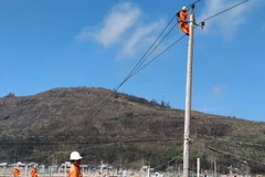Nhân viên điện lực khẩn trương khắc phục sự cố trên lưới điện tại Quảng Ngãi. (Ảnh: Lê Ngọc Phước/TTXVN)