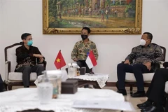 Bộ trưởng Biển và Nghề cá Indonesia Edhy Prabowo làm việc với Đại sứ Việt Nam tại Indonesia Phạm Vinh Quang. (Ảnh: TTXVN phát)