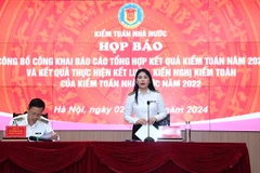 Họp báo công bố công khai Báo cáo tổng hợp kết quả kiểm toán năm 2023 và kết quả thực hiện kết luận, kiến nghị kiểm toán của KTNN năm 2022, ngày 2/7. (Ảnh: KTNN/Vietnam+)