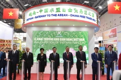 Phó Thủ tướng Hồ Đức Phớc và Đoàn đại biểu Việt Nam dự Lễ khai trương khu trưng bày sản phẩm của doanh nghiệp Việt Nam. (Ảnh: Công Tuyên/TTXVN)