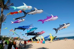 Hàng trăm cánh diều với những hình dạng nghộ nghĩnh, nhiều màu sắc tung bay trên bầu trời Mũi Né - Phan Thiết (Bình Thuận). (Ảnh: Nguyễn Thanh/TTXVN)