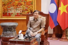 Ông Nguyễn Bá Hùng, Đại sứ Việt Nam tại Lào trả lời phóng viên báo chí nhân dịp kỷ niệm 70 năm Chiến thắng Điện Biên Phủ. (Ảnh: Đỗ Bá Thành/TTXVN)