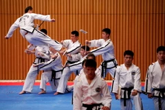 Các vận động viên taekwondo của Triều Tiên tham gia màn biểu diễn chung với các vận động viên taekwondo Hàn Quốc bên lề Thế vận hội mùa đông Olympic Pyeongchang, Hàn Quốc ngày 12/2/2018. (Ảnh: AFP/TTXVN)