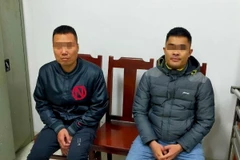 Hai đối tượng bị triệu tập làm việc tại cơ quan công an. (Ảnh: TTXVN phát)