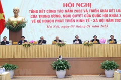 Tổng Bí thư Nguyễn Phú Trọng, Chủ tịch nước Nguyễn Xuân Phúc, Chủ tịch Quốc hội Vương Đình Huệ, Thủ tướng Phạm Minh Chính và các phó thủ tướng dự, chủ trì và điều hành hội nghị. (Ảnh: Dương Giang/TTXVN) 