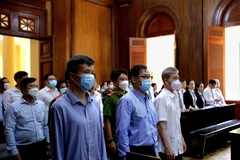 10 bị cáo hầu tòa trong vụ án xảy ra tại CNS. ( Ảnh: Thành Chung/TTXVN)